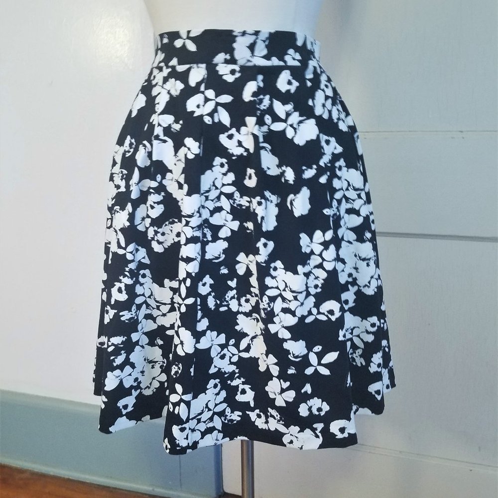 Black White Floral Print High Waist Skirt Pockets